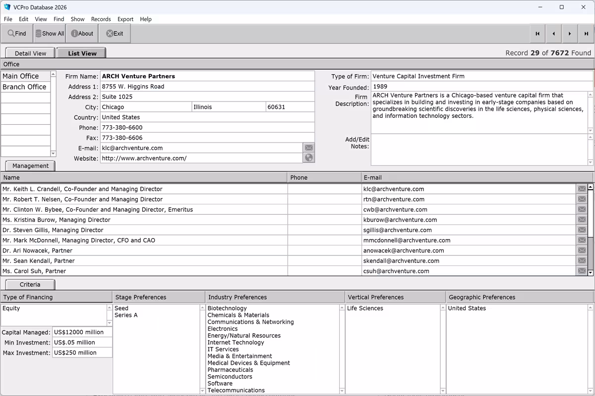 A venture capital firm profile in VCPro Database, showing investment criteria alongside named executive contact records