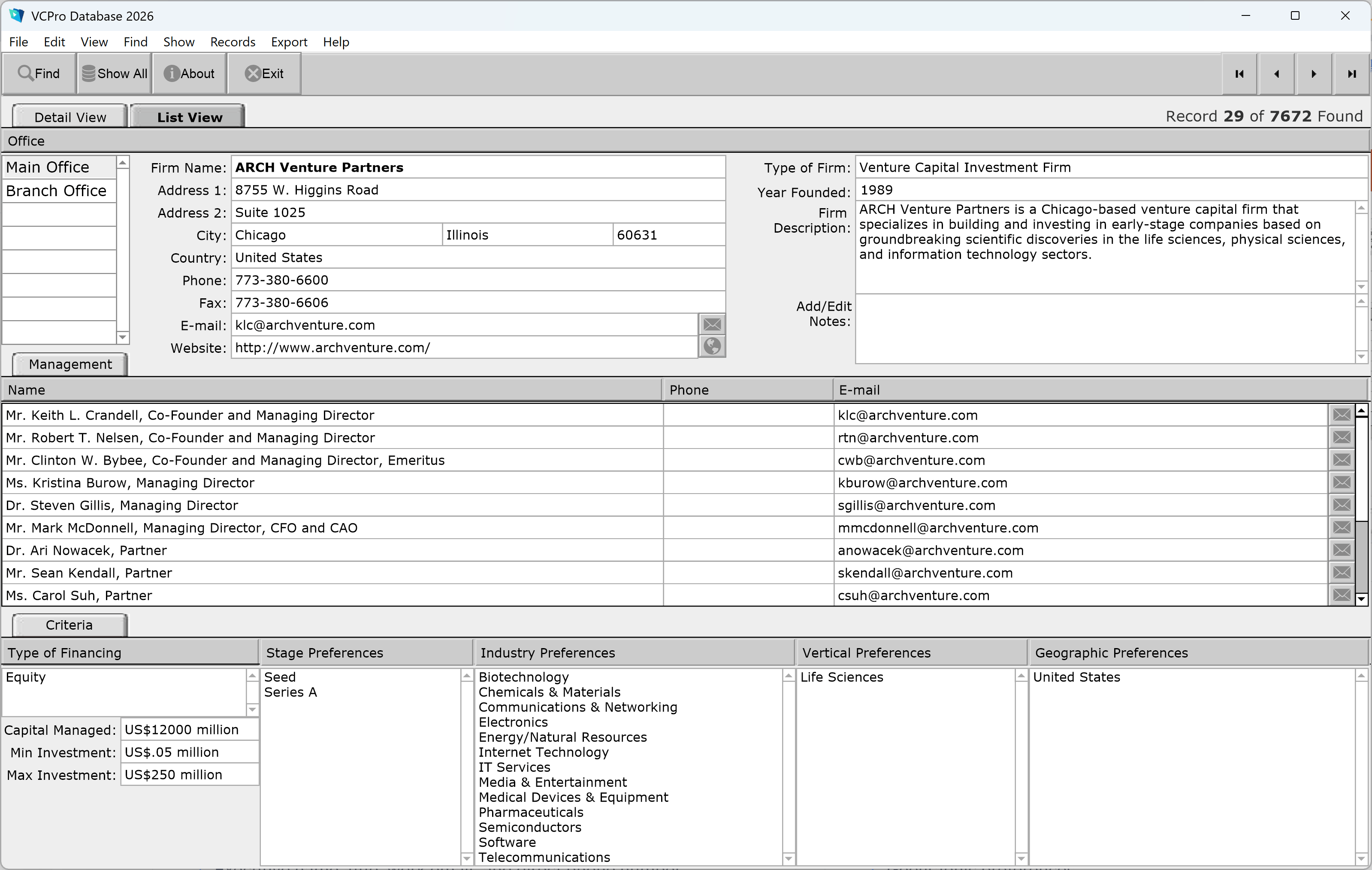 VC firm detailed profile and contact records