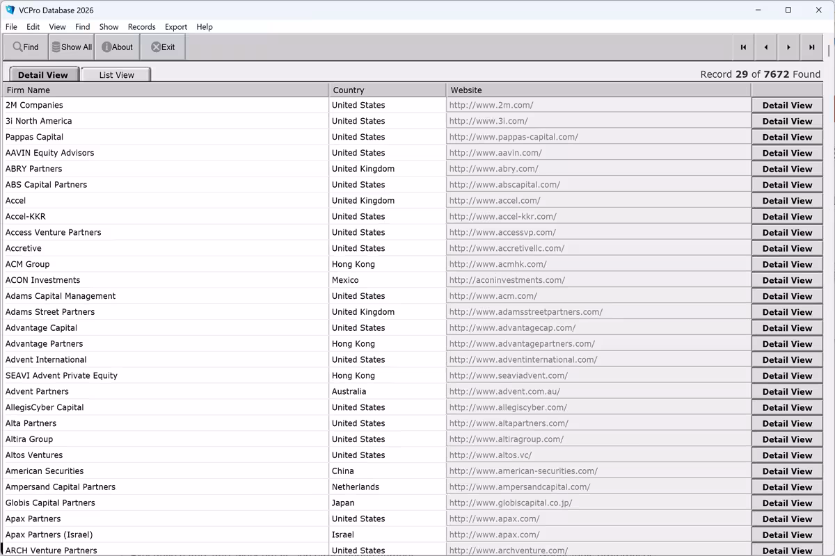 List view of venture capital and private equity firms, sortable by name, location, and firm type