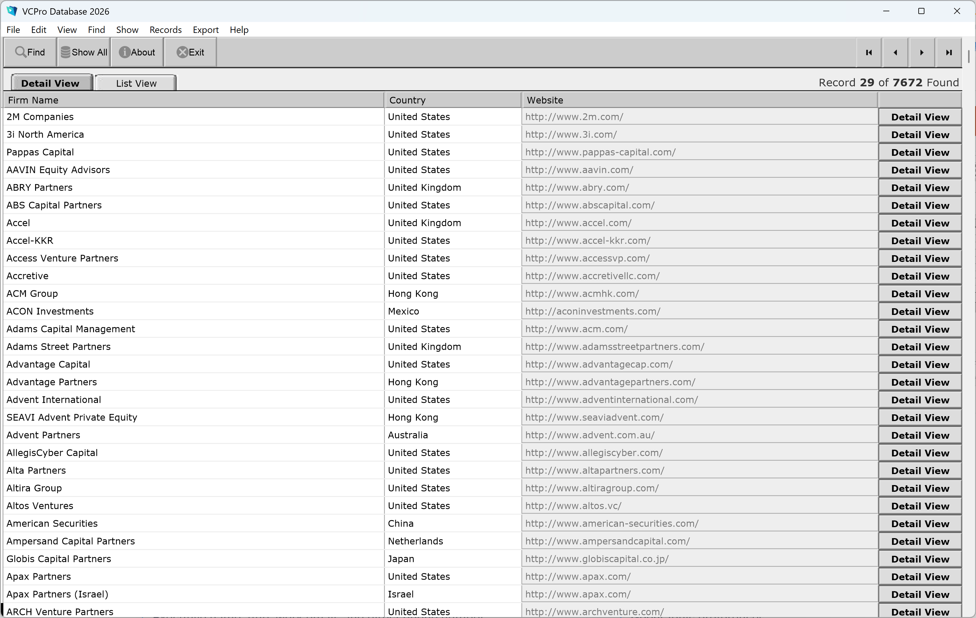 VC firm list view