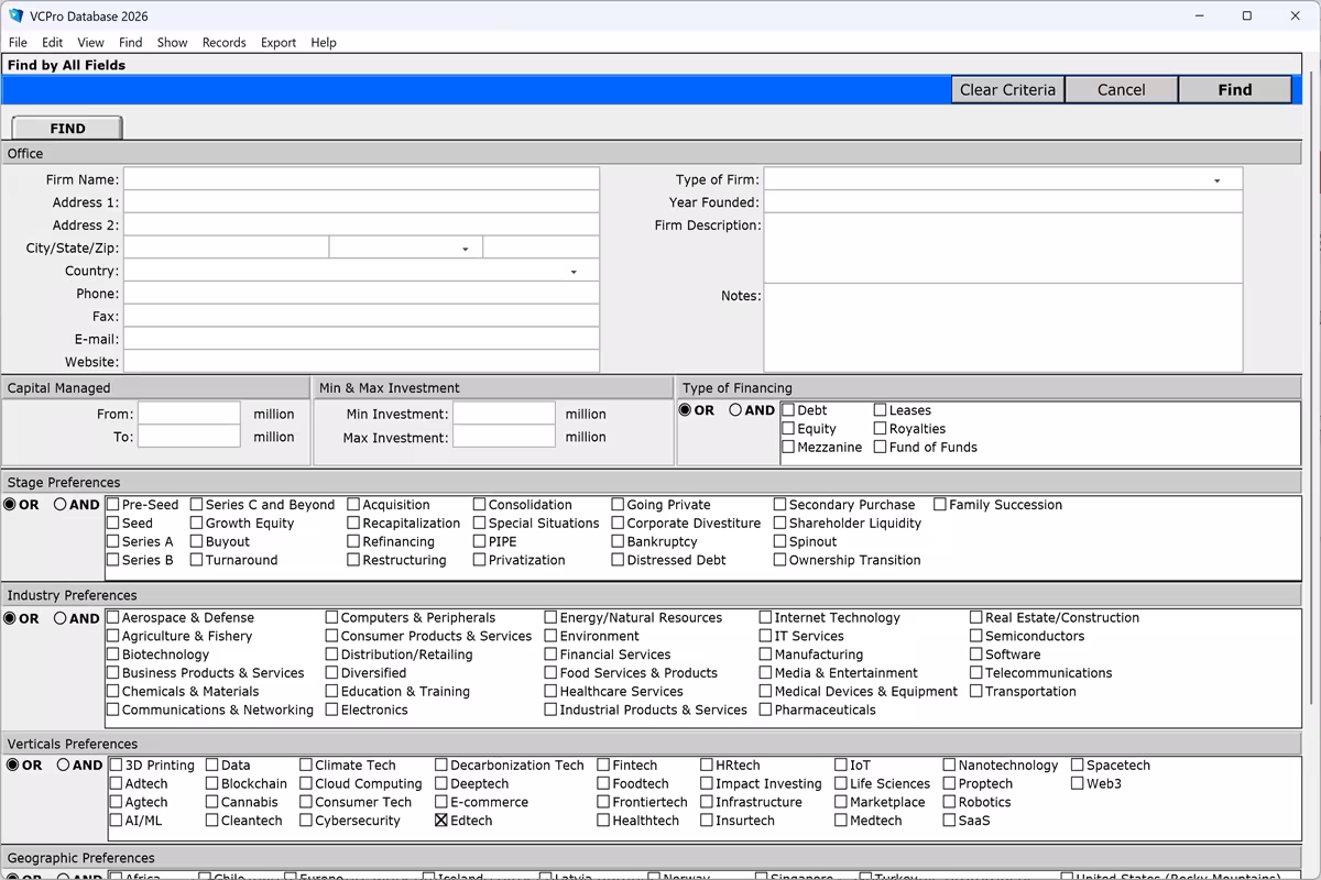 VCPro Database search panel with filters for investment stage, industry preference, geography, and financing type