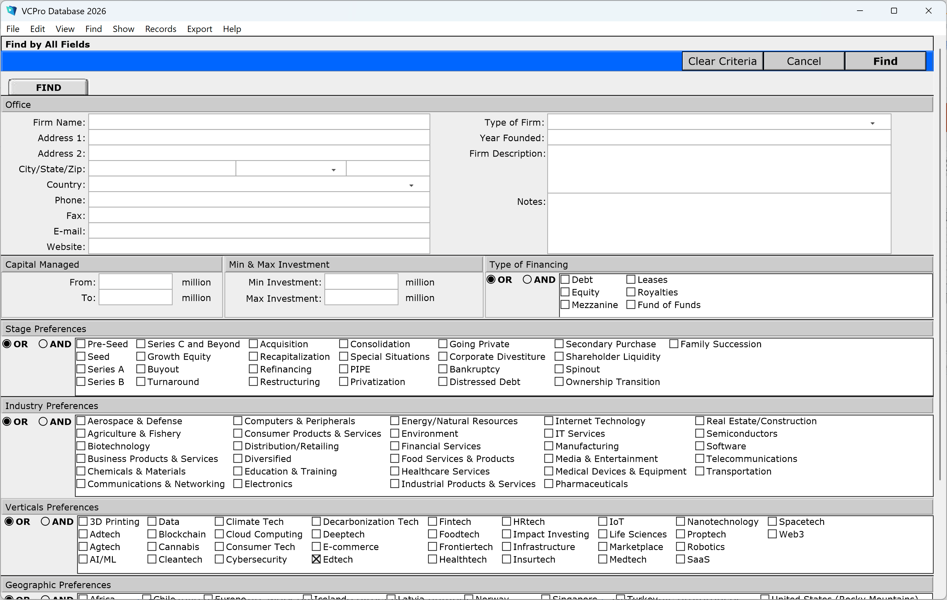 VCPro Database search filters and criteria