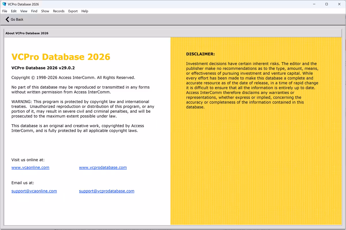 The About screen of VCPro Database, showing edition number and record counts
